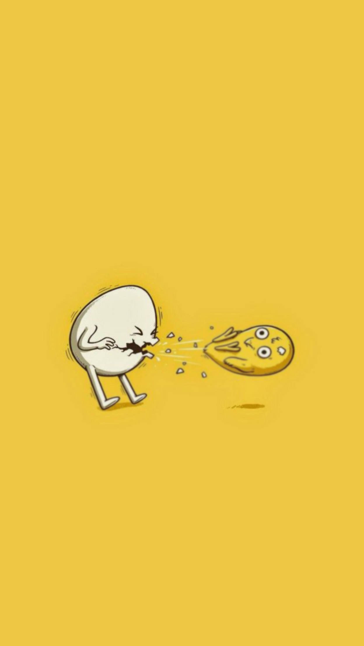 打噴嚏蛋搞笑迷因 壁紙 — 一個白色卡通角色在純黃色背景上吐出一個驚訝的黃色表情符號。