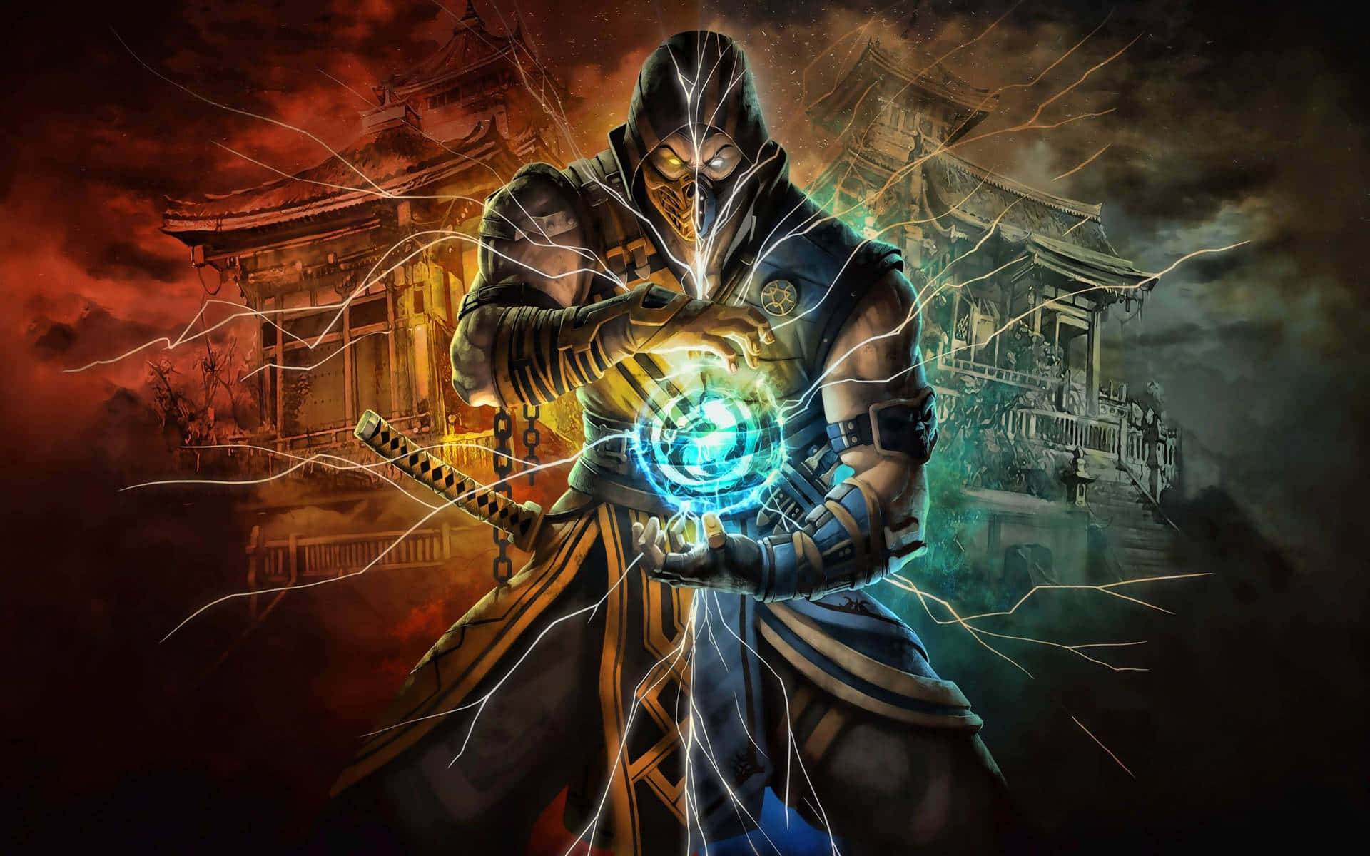 打造你的《真人快打》傳奇 壁紙 — 一名戴面具的戰士在熾熱寺廟背景下，於雙手之間引導發光能量。