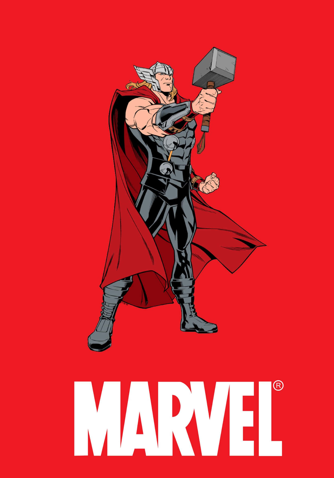 Thor身穿盔甲，在帶有Marvel標誌的紅色背景前手持Mjolnir。
