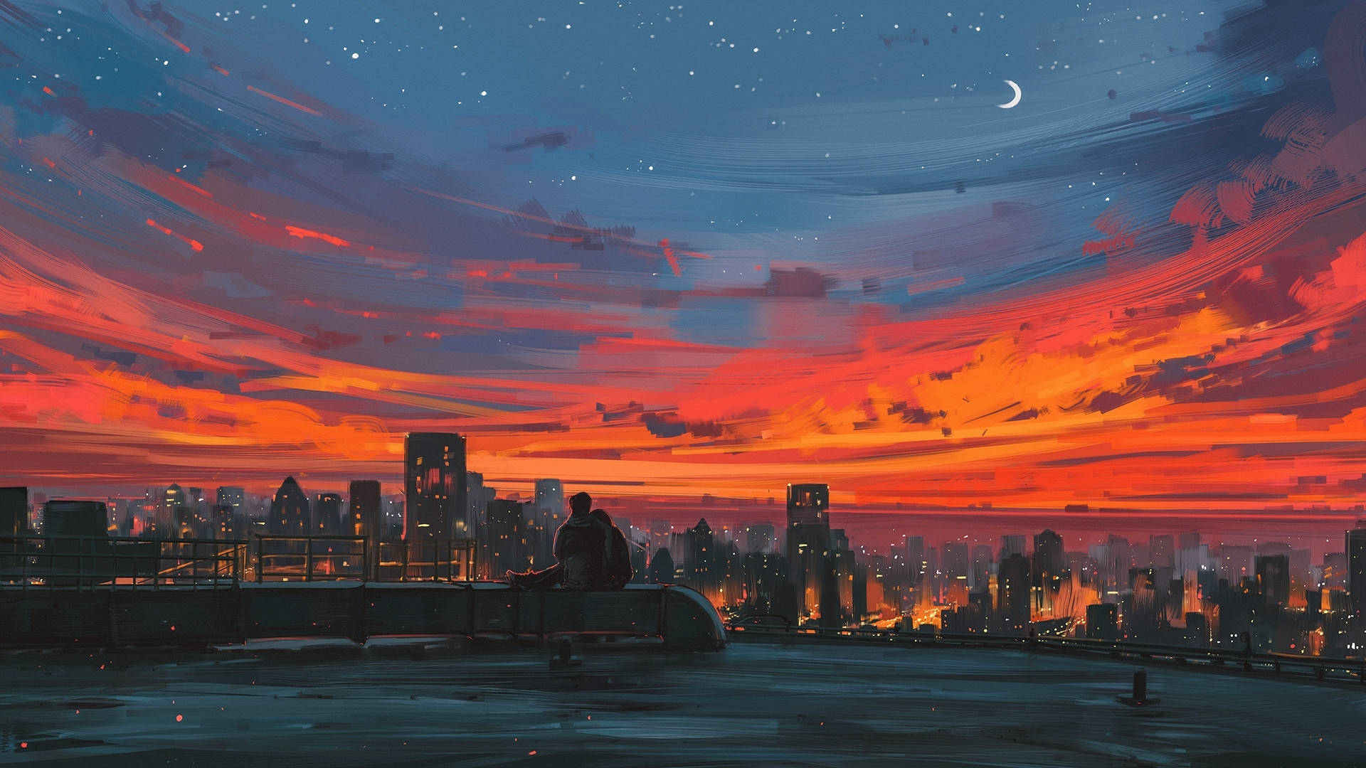 打造完美桌面風景 壁紙 — 一對情侶坐在屋頂上俯瞰城市天際線，充滿活力的橙色和藍色夕陽伴隨著一彎新月劃過天空。