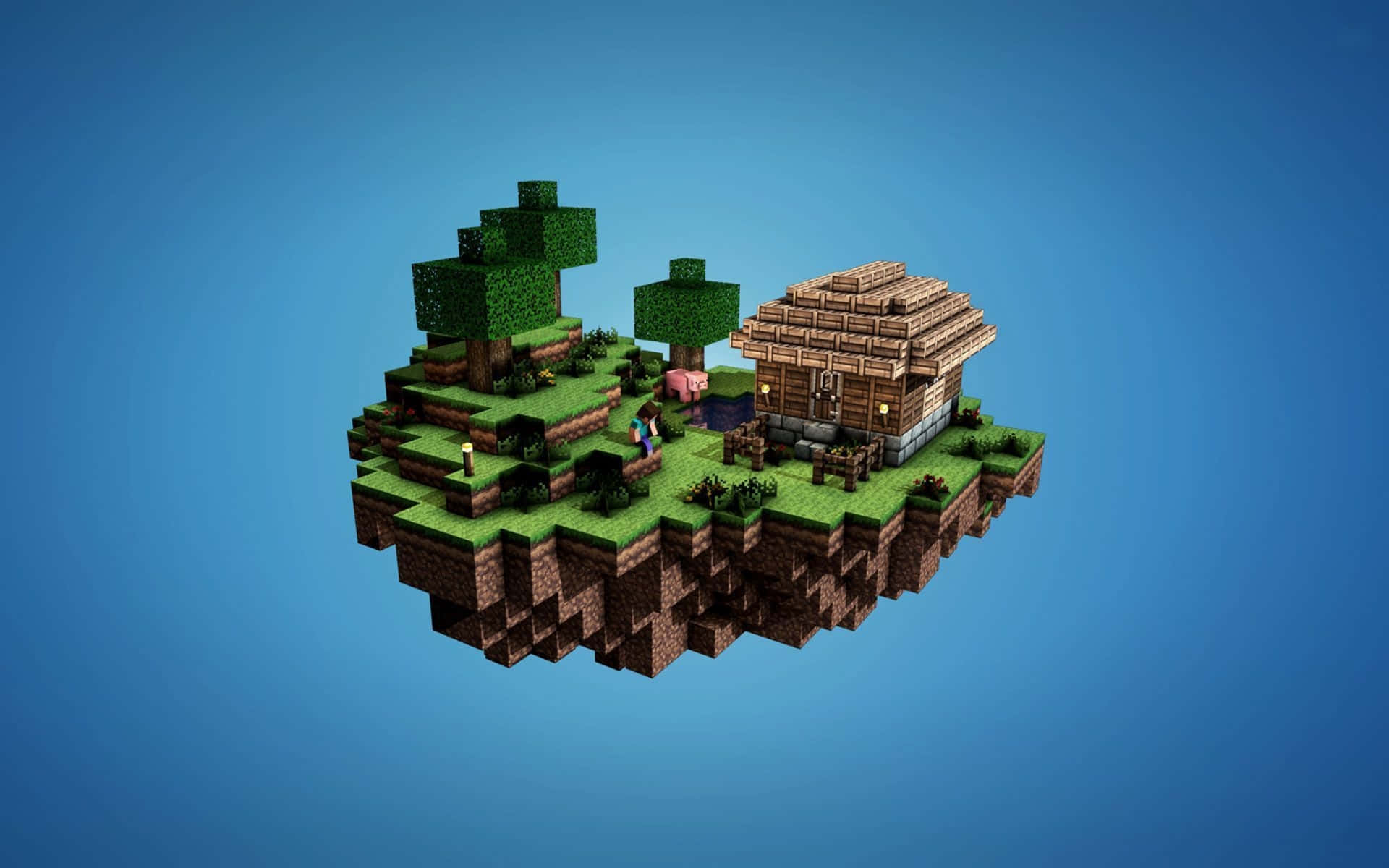 漂浮的Minecraft島嶼，有木屋、樹木和豬，藍天背景