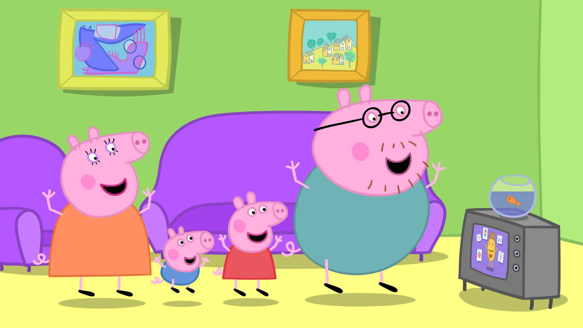 Peppa Pig一家在客廳裡微笑，旁邊有電視和魚缸。 — 小豬佩奇的家 壁紙