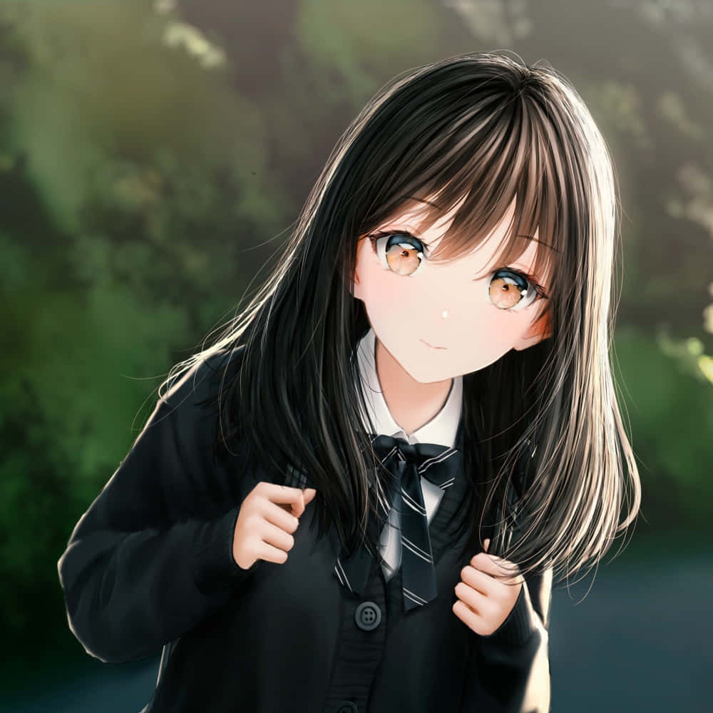 打造超凡脫俗的動漫個人頭像 壁紙 — 一個開心的動漫女孩穿著校服，在模糊的綠色背景下，陽光突顯她的長黑髮，她溫柔地微笑。