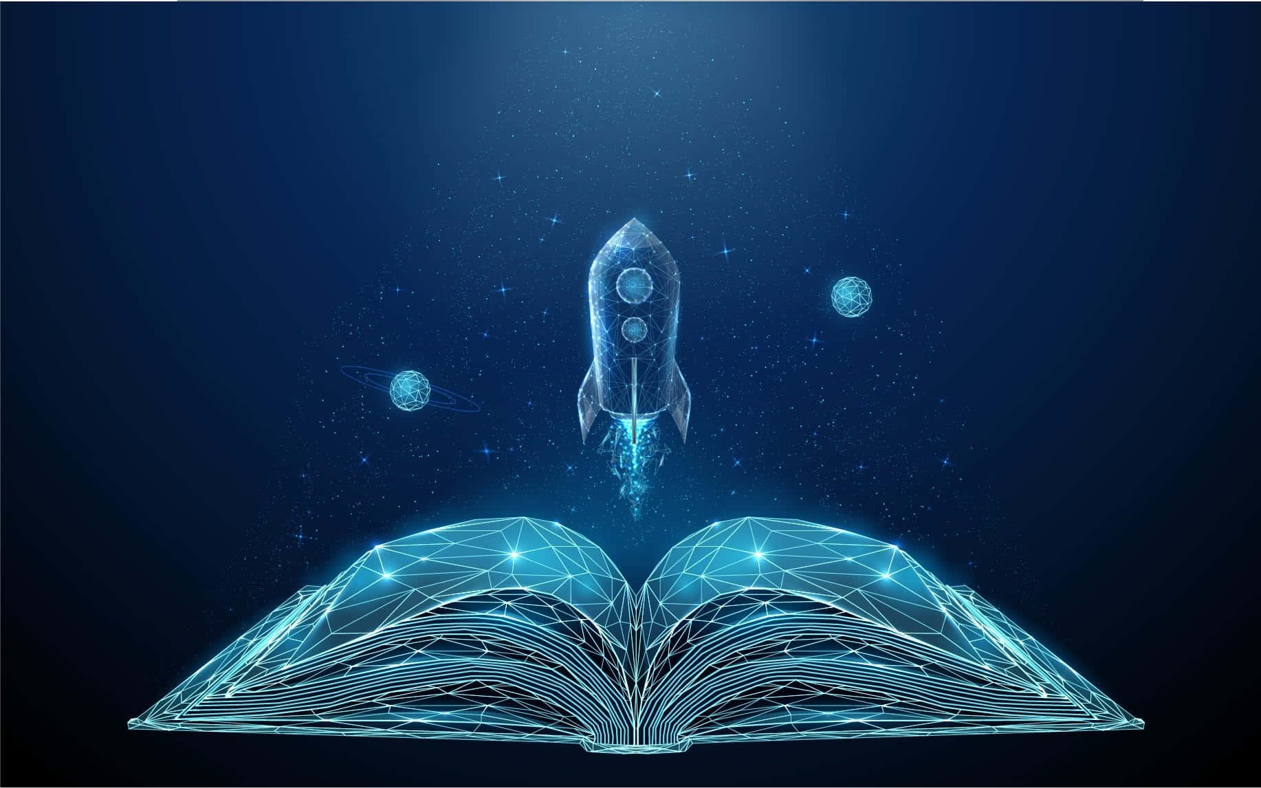 打開的書天文圖像 壁紙 — 一枚發光的藍色火箭從一本打開的書中發射，進入一個有行星和星星的星空宇宙天空。