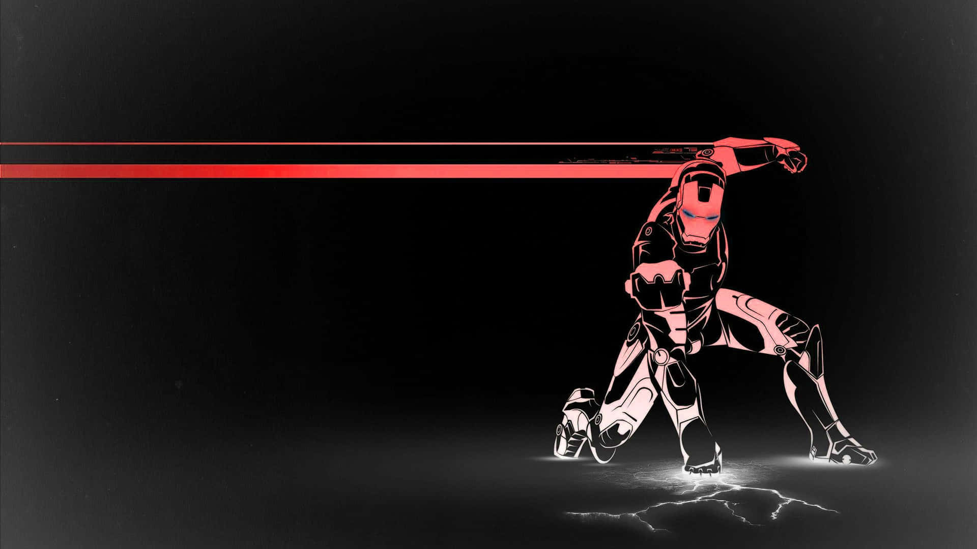 一個紅黑裝甲英雄在黑暗環境中發射激光束。
