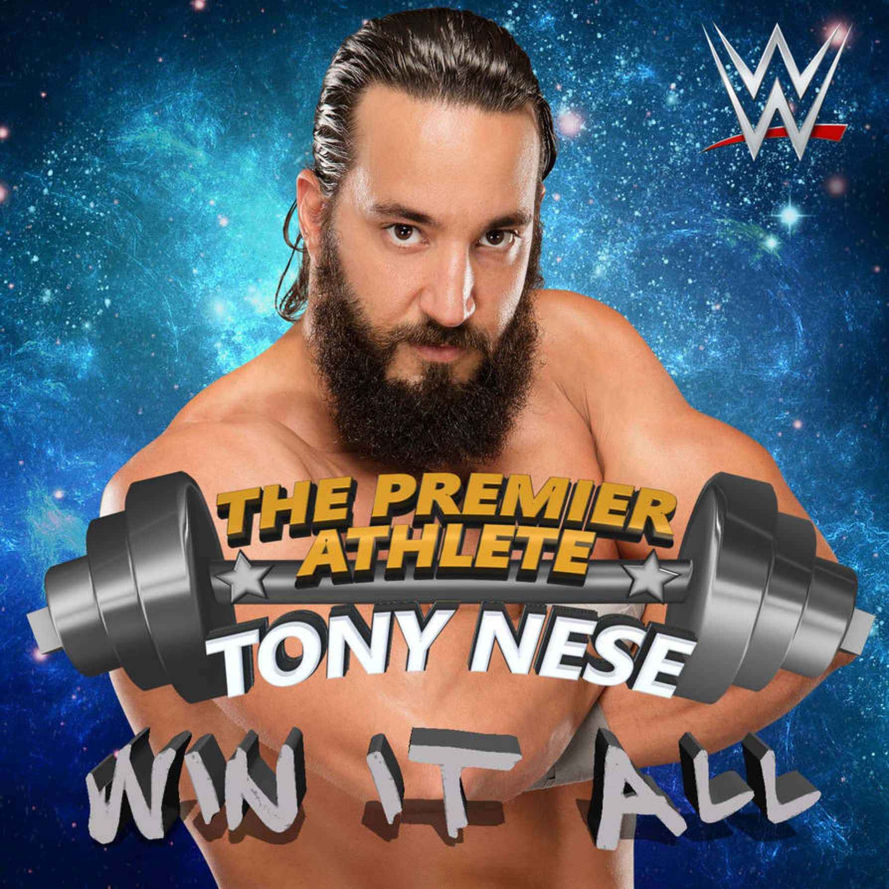 WWE摔角手Tony Nese握著槓鈴，背景為宇宙和文字。