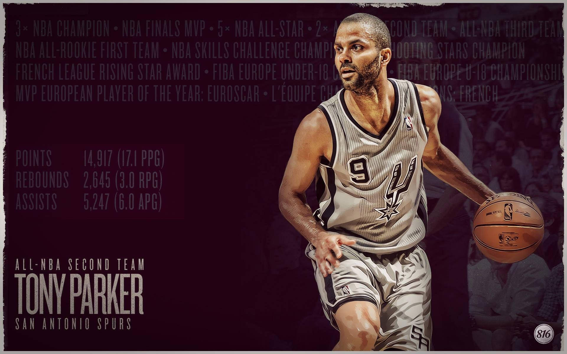 托尼·帕克職業勝利 壁紙 — Tony Parker 身穿馬刺球衣運球，背景為深色，並疊加統計數據和榮譽。