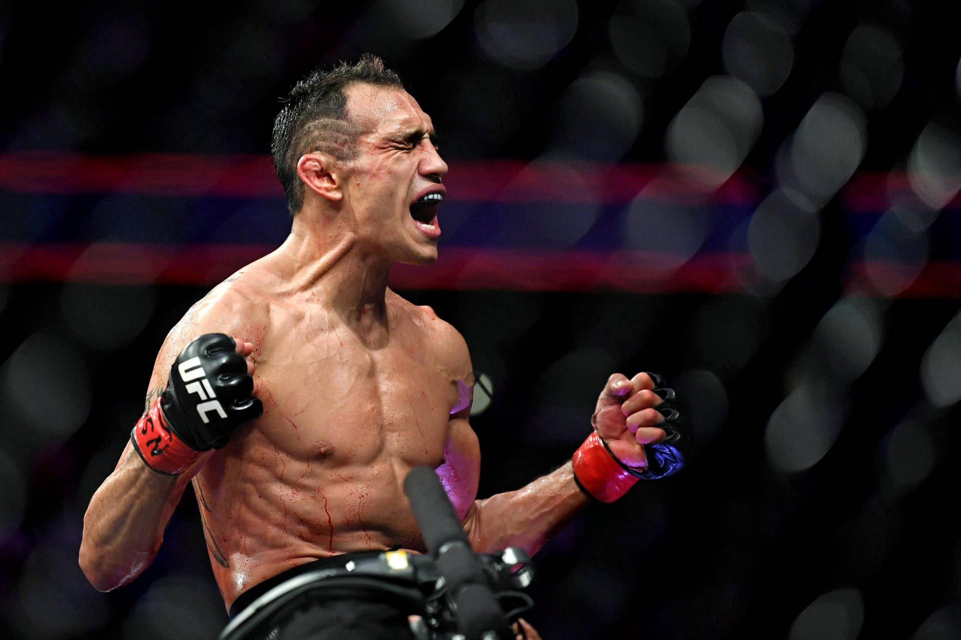 一名渾身是血的MMA拳手在UFC八角籠內發出勝利的咆哮。