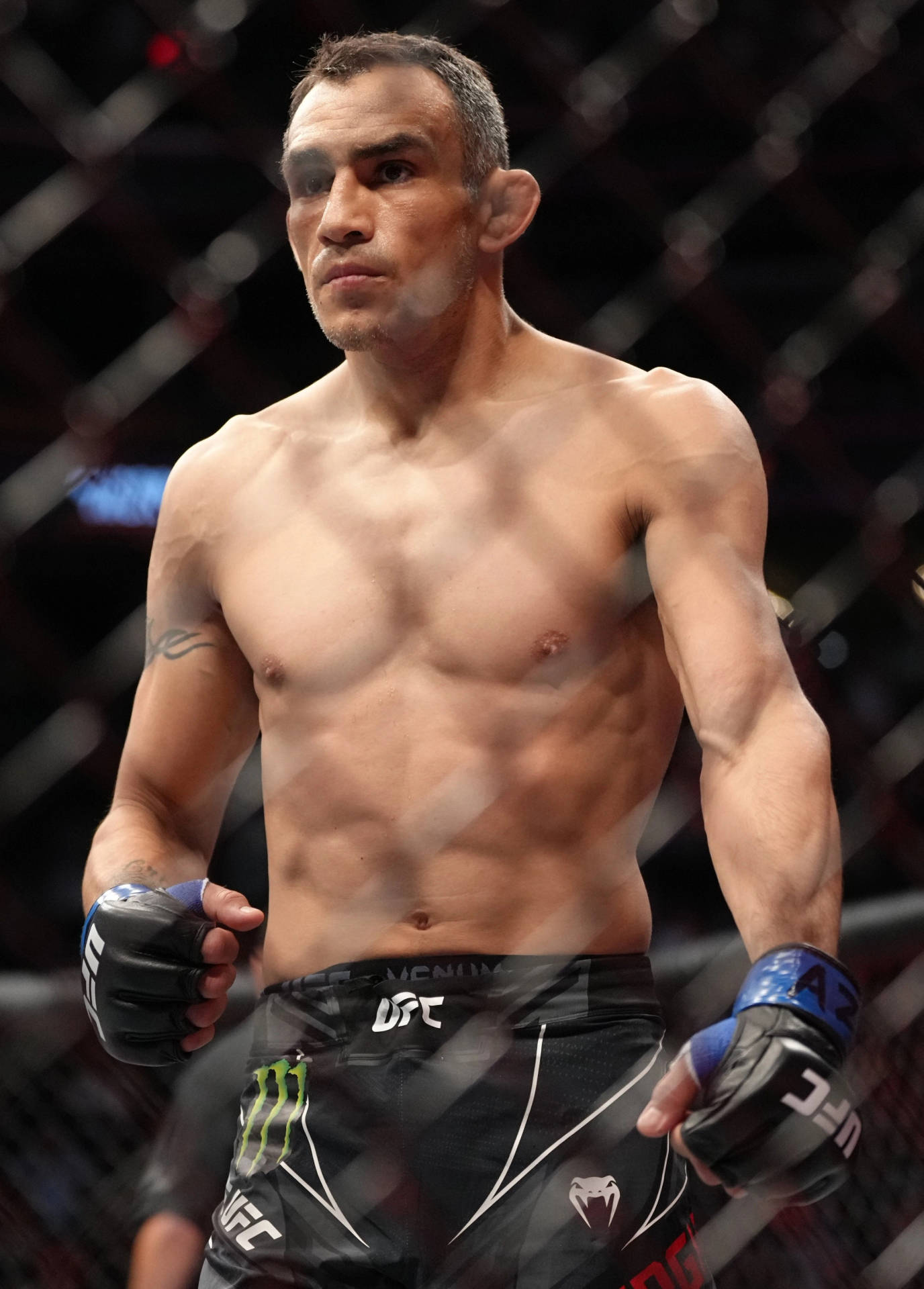 一個赤裸上身的MMA拳手，穿著黑色短褲和手套，在八角籠內。