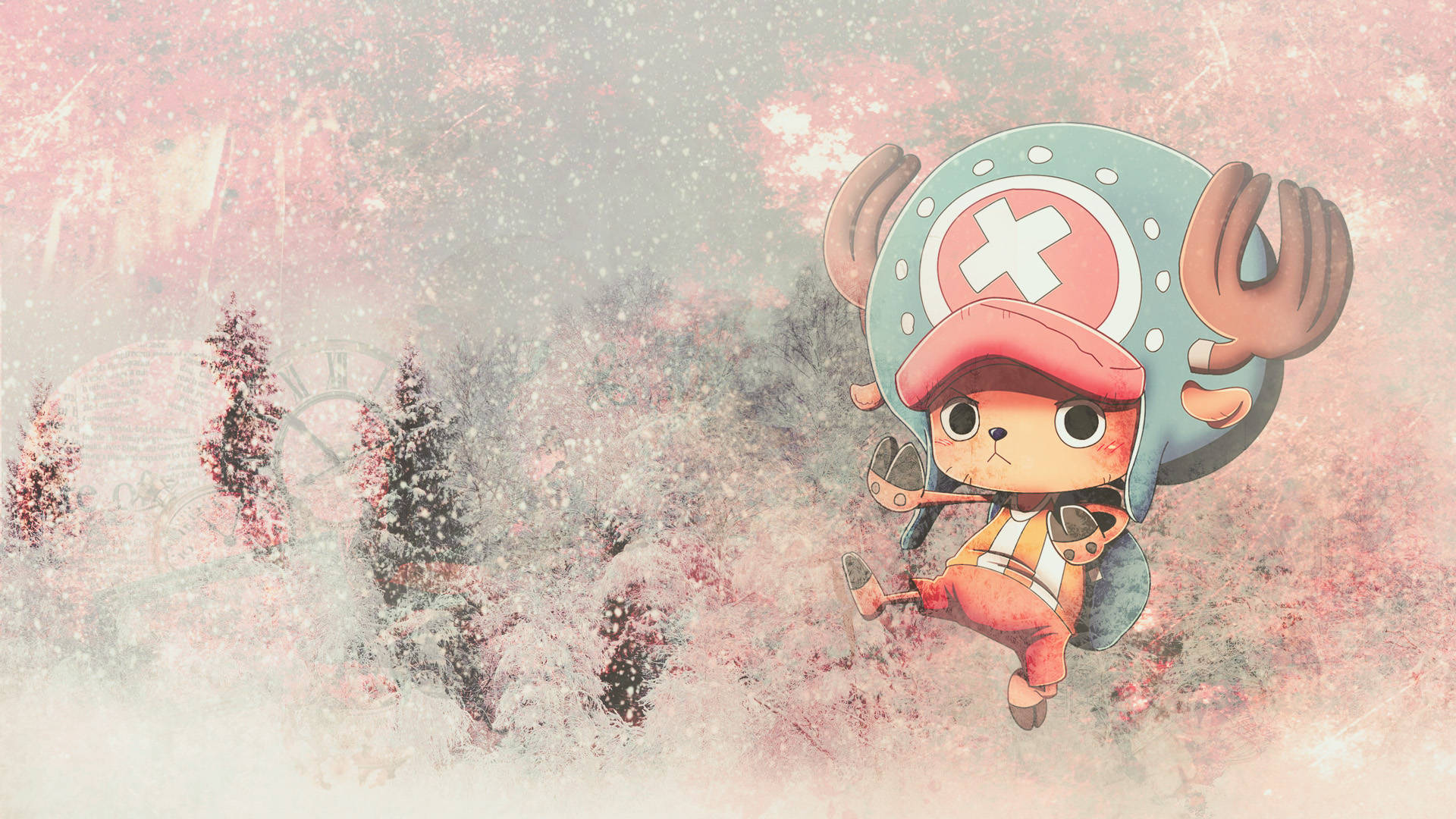 動漫角色戴著鹿角和帽子漂浮在雪森林中。