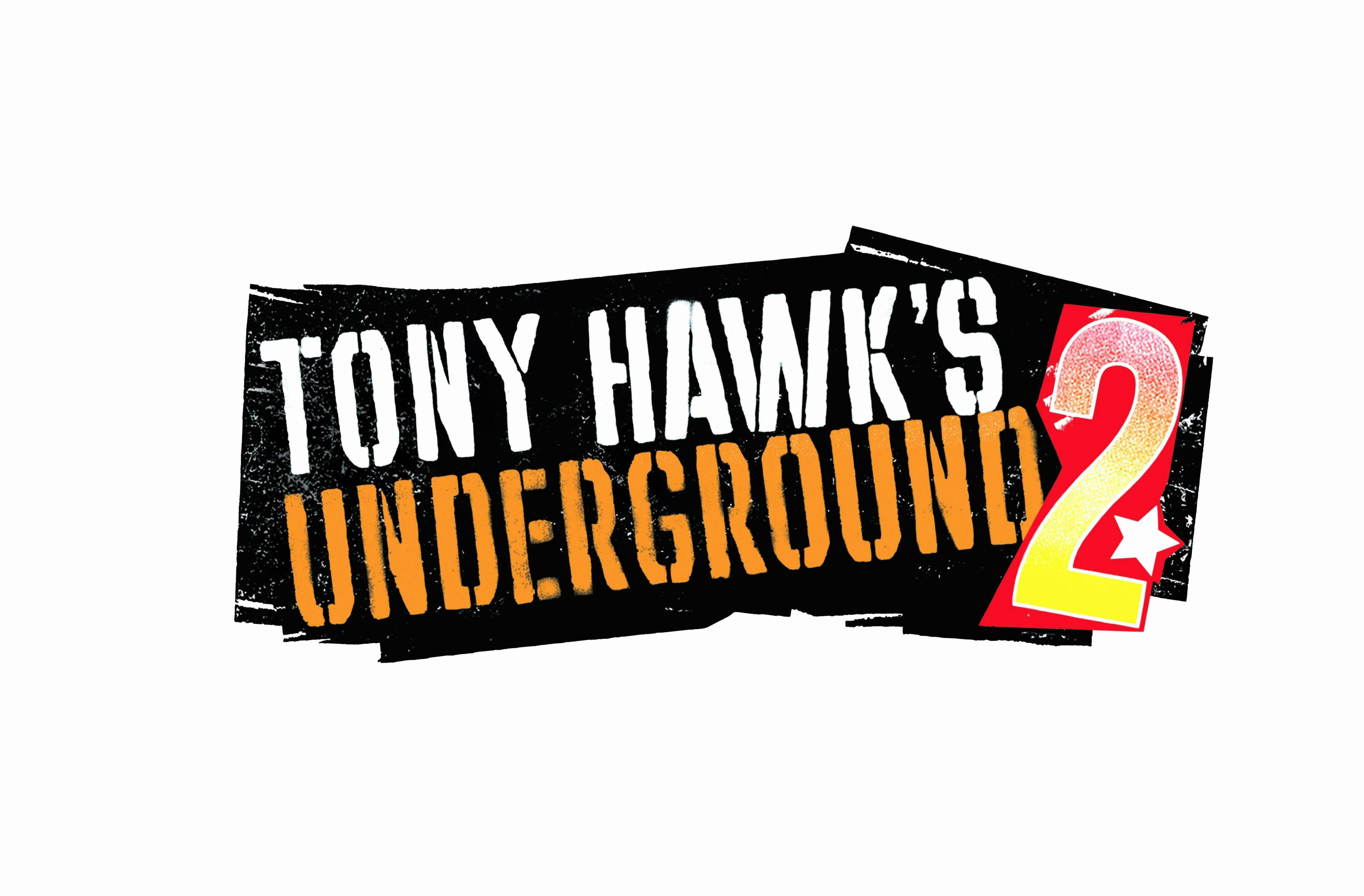 《托尼·霍克地下2》遊戲標誌 壁紙 — Tony Hawk's Underground 2 嘅大膽塗鴉風格標誌，白色背景上帶有磨損嘅黑色、橙色同紅色文字。