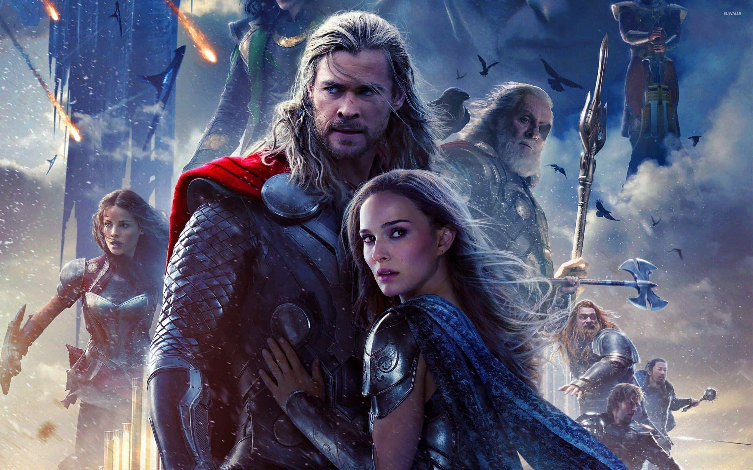 Jane Foster 桌布 壁紙 — 托爾和珍·佛斯特身穿盔甲，在風暴肆虐的戰場上，伴隨著飛鳥和墜落的碎片，傲然挺立。