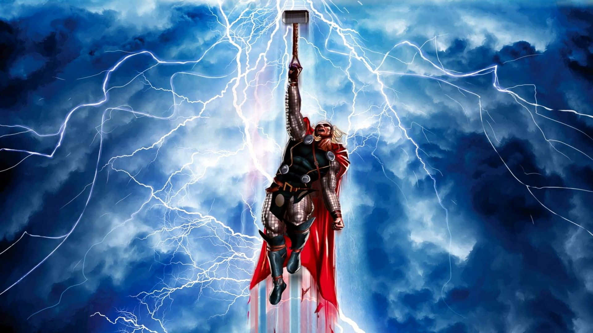 God Of Thunder 桌布 壁紙 — 托爾在暴風雨中翱翔，揮舞著他的錘子，閃電在他周圍噼啪作響，擺出一個戲劇性的超級英雄姿勢。