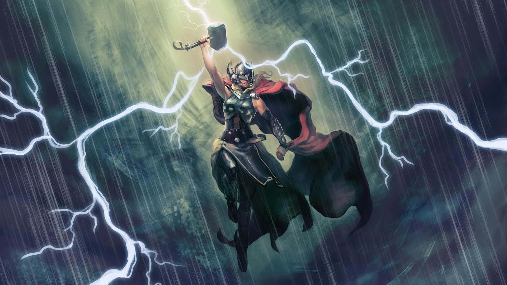 Jane Foster 桌布 壁紙 — 托爾在暴風雨中翱翔，揮舞著他的錘子，閃電在他周圍劈啪作響，大雨傾盆而下。