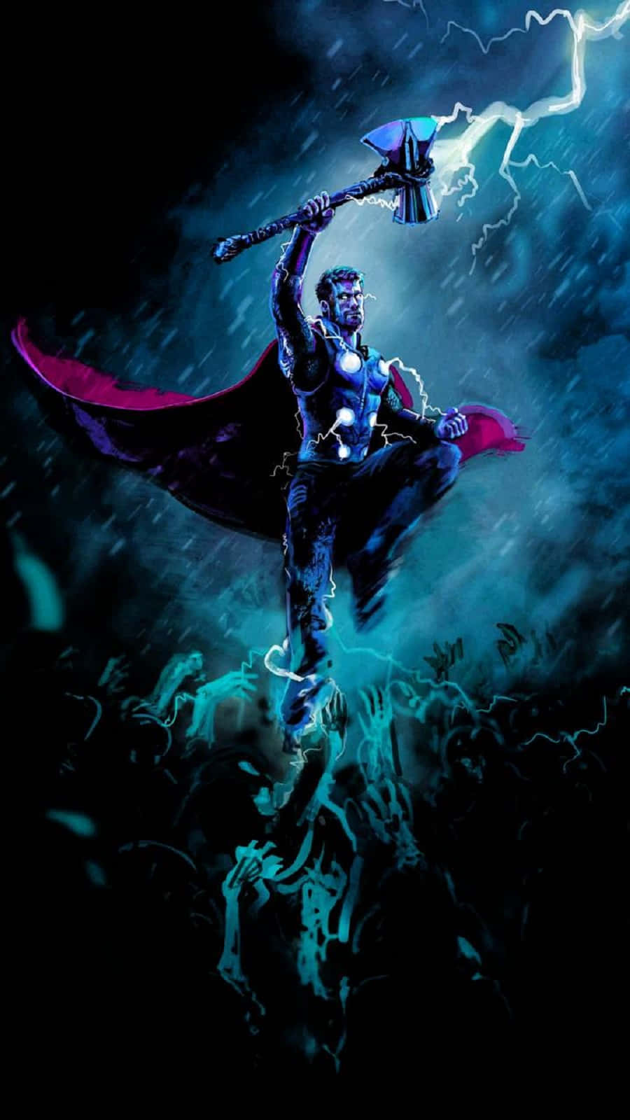 God Of Thunder 桌布 壁紙 — 托爾在雷電交加的暴風雨天空中揮舞著發光的錘子。