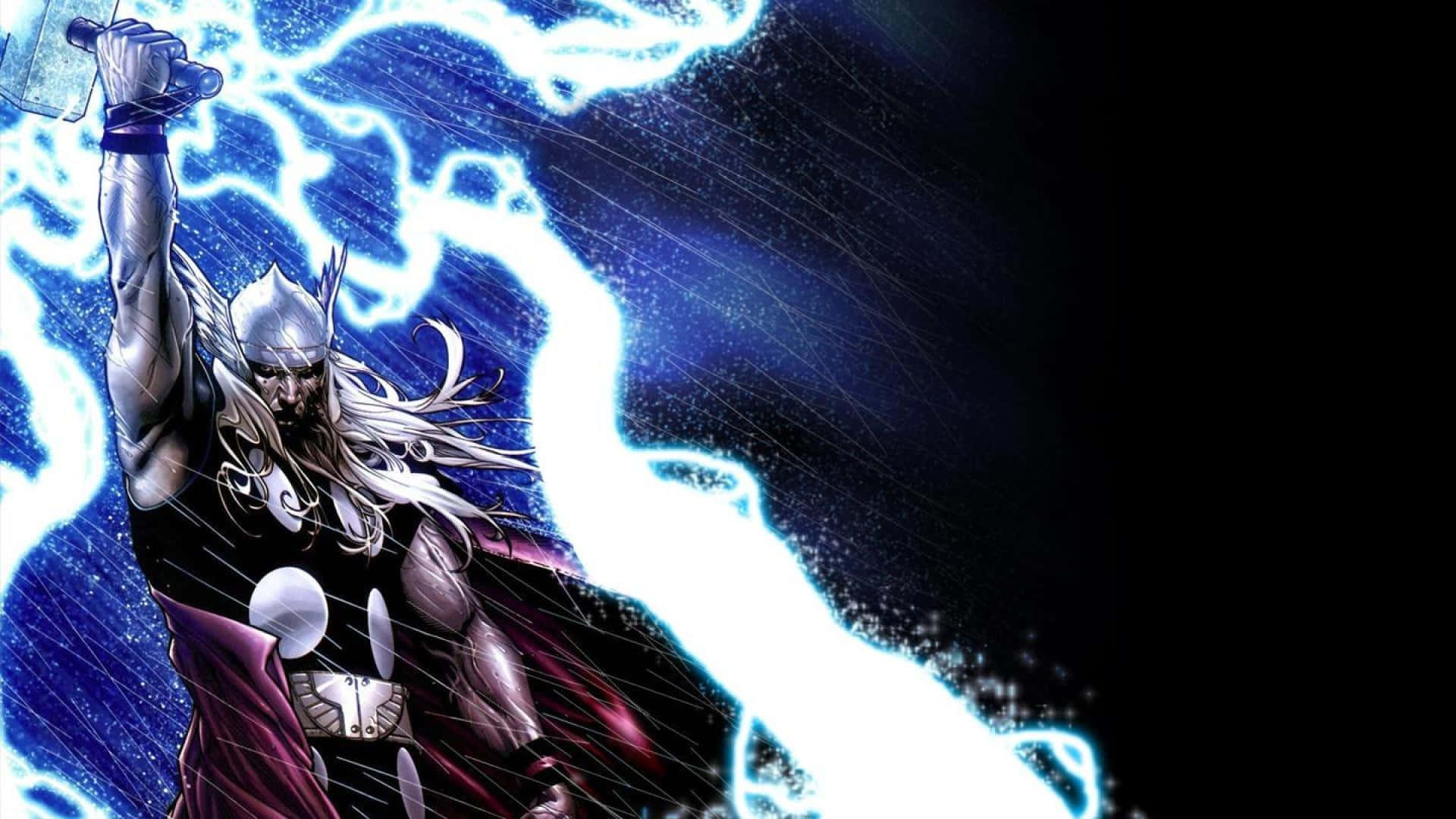 Jane Foster 桌布 壁紙 — 托爾在黑暗的宇宙背景下，伴隨著噼啪作響的藍色閃電揮舞著他的錘子。