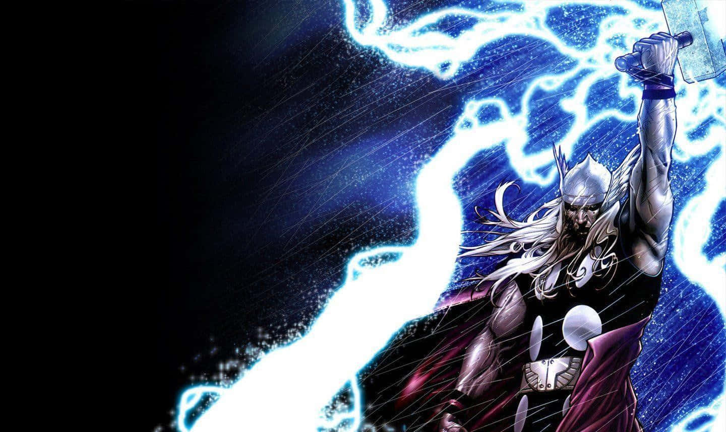 Jane Foster 桌布 壁紙 — 托爾在黑暗的宇宙背景下，在噼啪作響的藍色閃電中揮舞著他的錘子。