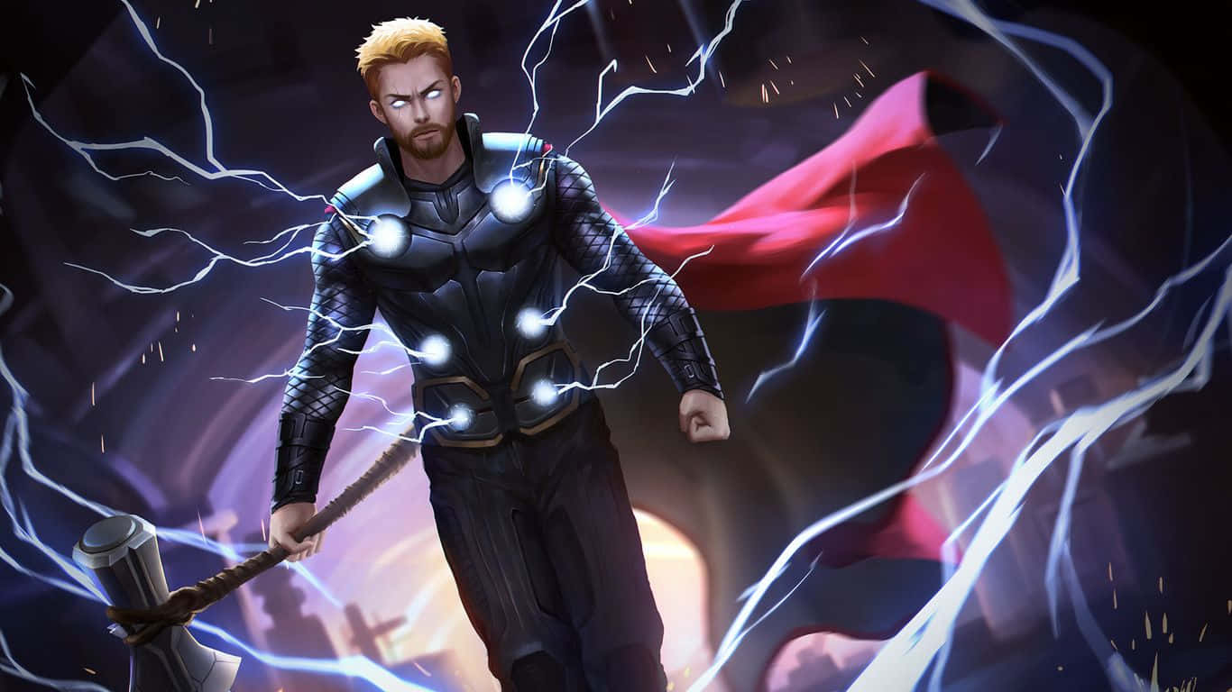 1366x768 marvel 桌布 壁紙 — 托爾強而有力地揮舞著他的錘子，周圍環繞著噼啪作響的閃電和飄動的紅色斗篷，背景是黑暗的宇宙。