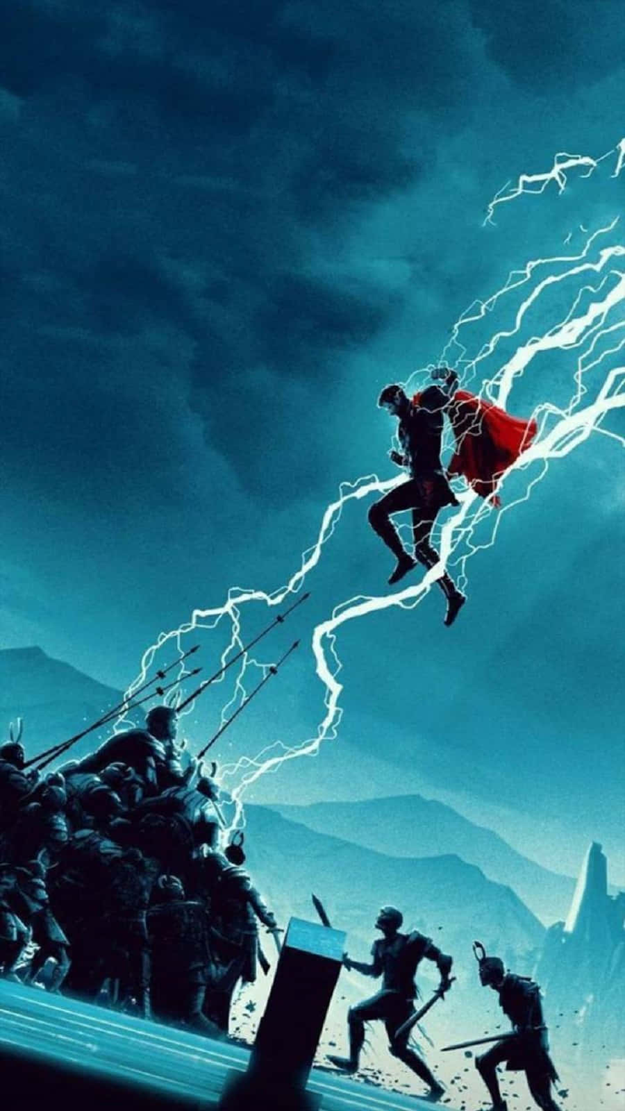God Of Thunder 桌布 壁紙 — 托爾揮舞閃電，跳過裝甲戰士的戰場，背景是風暴藍天。