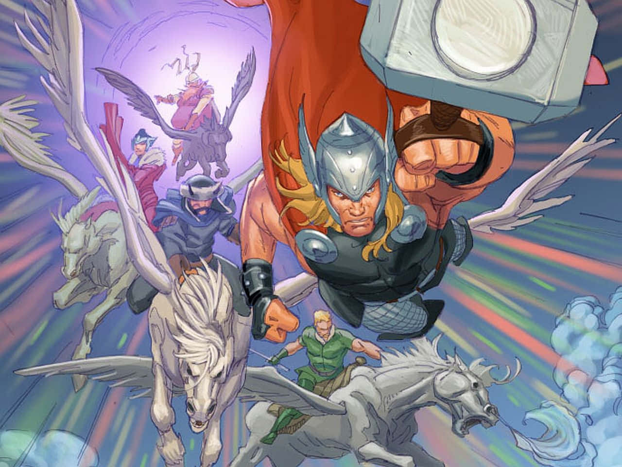 God Of Thunder 桌布 壁紙 — 托爾與他的戰士們騎著帶翼的馬匹，揮舞著錘子和劍，衝過充滿活力的天空。