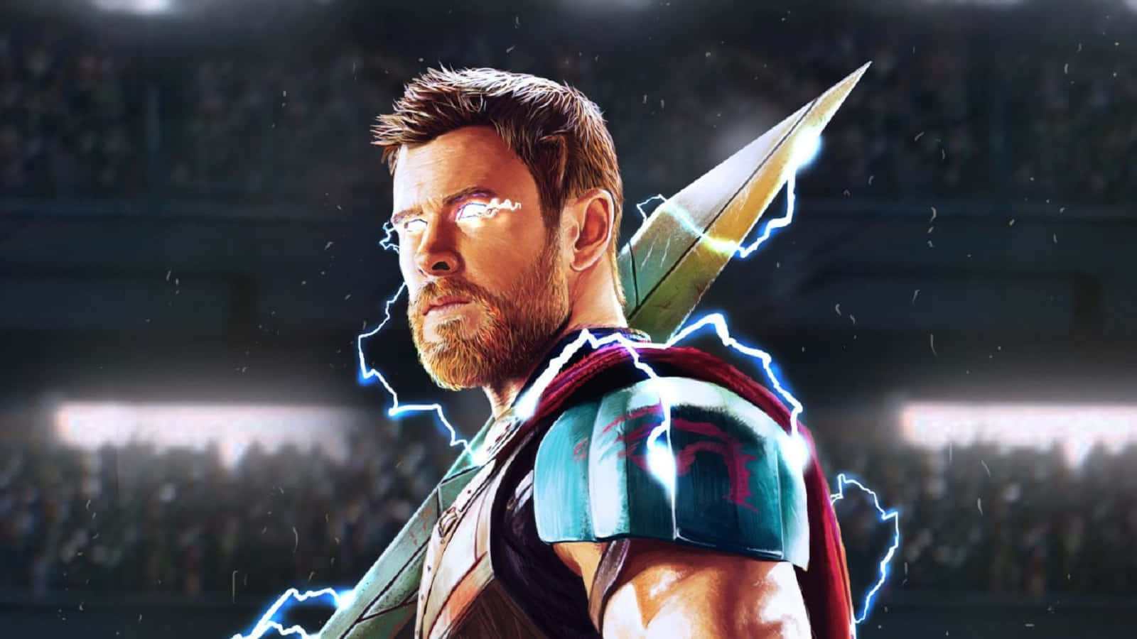 God Of Thunder 桌布 壁紙 — 托爾英雄地站在一個擠滿觀眾的體育場中，閃電在他錘子周圍劈啪作響。