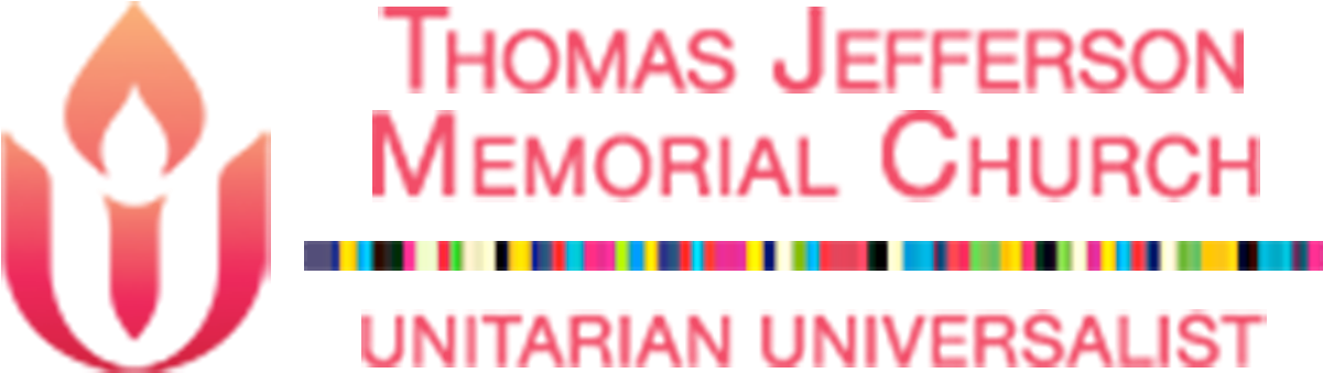 托馬斯·傑斐遜紀念教堂標誌 壁紙 — 粗體粉紅色文字寫著 Thomas Jefferson Memorial Church Unitarian Universalist，旁邊有一個風格化的火焰標誌和彩虹條紋。