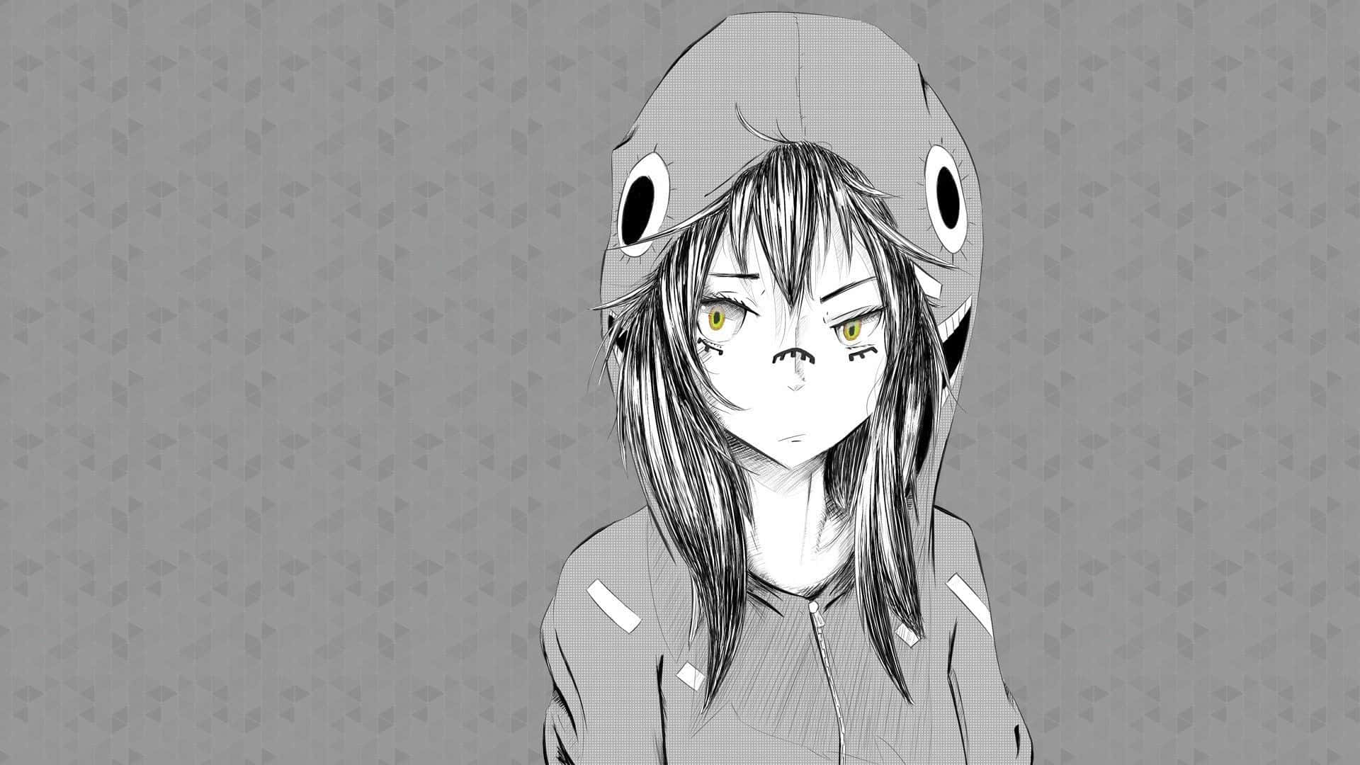動漫女孩穿著鯊魚連帽衫，黃色眼睛，在灰色圖案背景上強烈凝視。