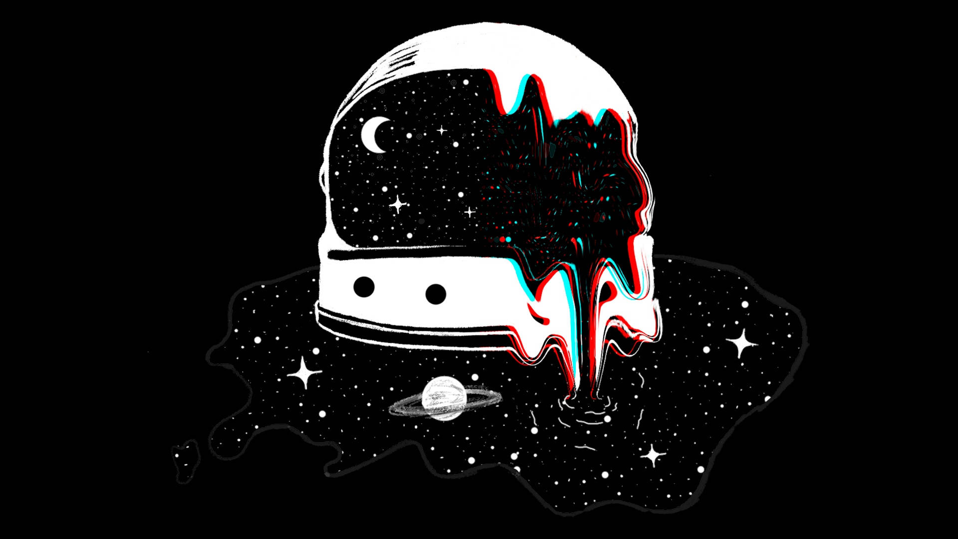 正在融化的太空人頭盔滴入太空，伴隨星星和行星