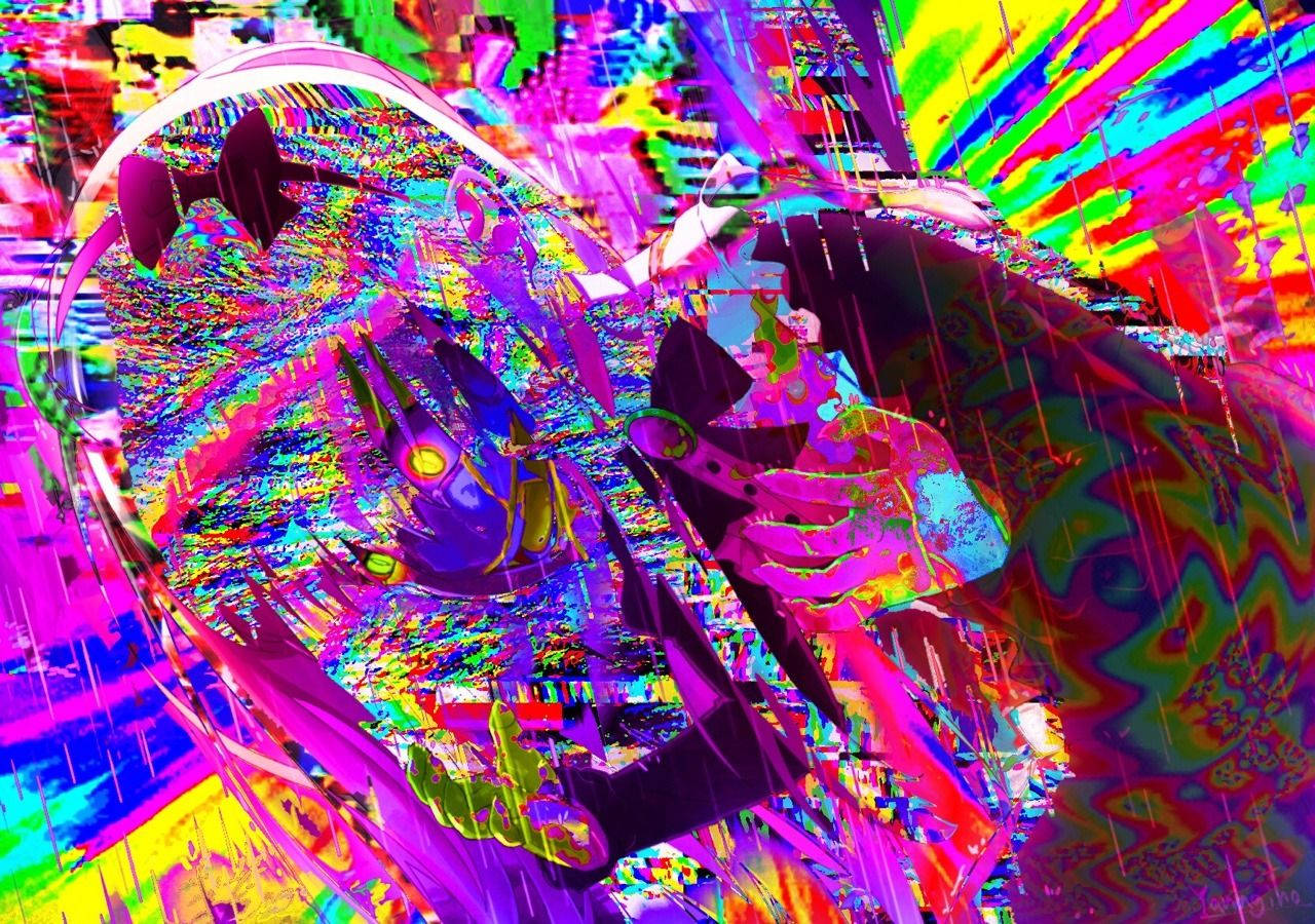 在 glitchy 霓虹數位風暴中，擁有發光眼睛的動漫女孩。