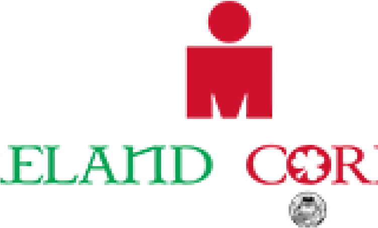 扭曲的愛爾蘭鐵人賽標誌 壁紙 — 像素化標誌，用於Ironman Eland Cort，帶有紅色、白色和綠色的文字和圖標，背景為黑色。