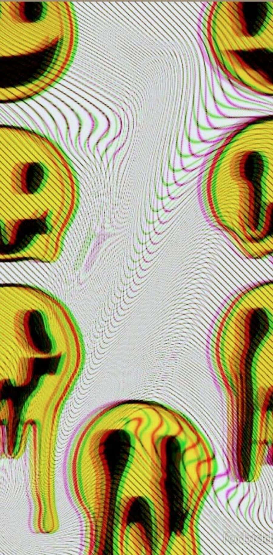 Aesthetic Smiley Face 桌布 壁紙 — 扭曲的黃色笑臉在白色背景上波動，帶有鮮豔的色差效果。