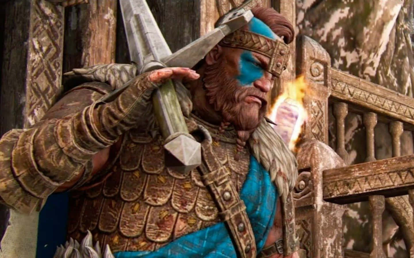 扮演多人對戰戰士高lander 壁紙 — 一名兇猛的戰士，臉上塗著藍色顏料，身穿華麗盔甲，手持發光劍，背景是木質堡壘。