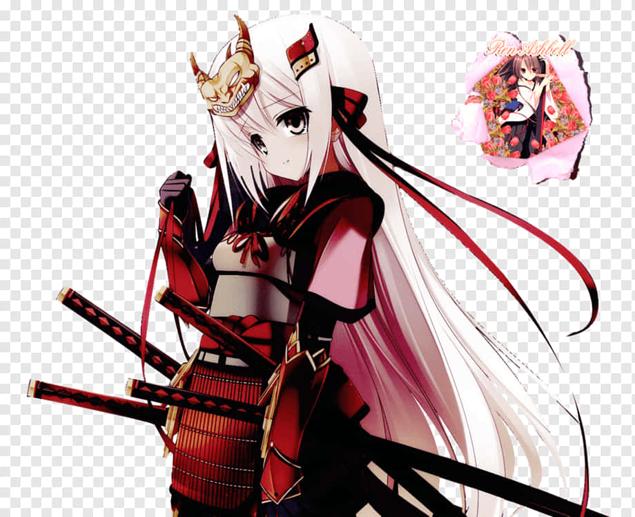 動漫戰士少女身穿紅色武士裝備，手持三把劍，內嵌花卉肖像。