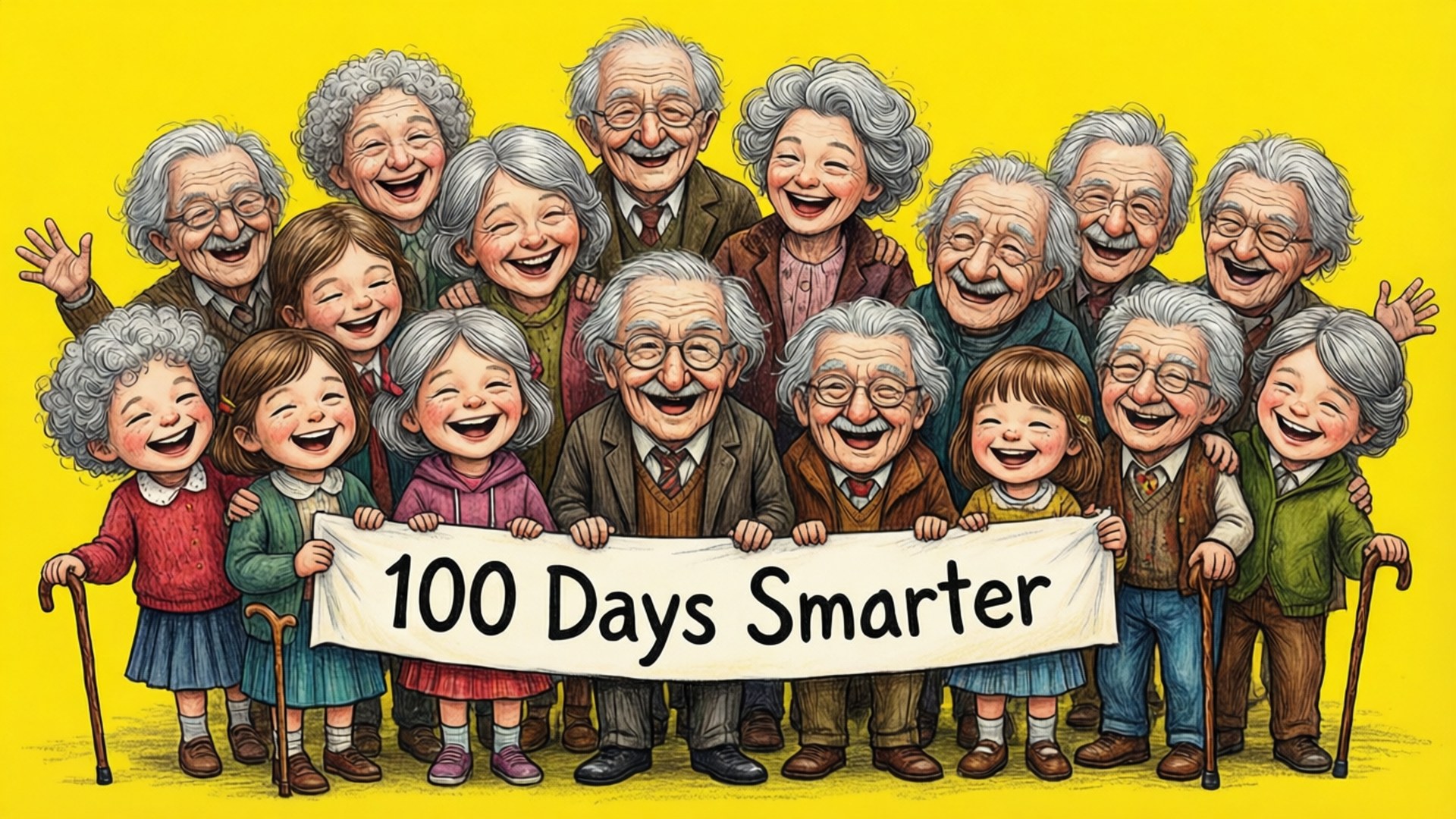 一群微笑的長者和兒童手持寫有「100 Days Smarter」的橫幅。