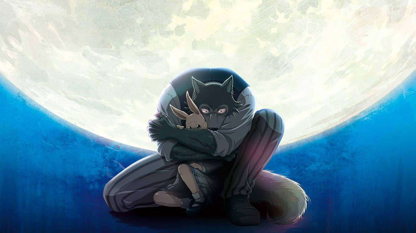 「找到你內在的野獸」 壁紙 — 一個像狼的動漫角色在深藍色夜晚場景中，在巨大的發光月亮下擁抱一隻小兔子。