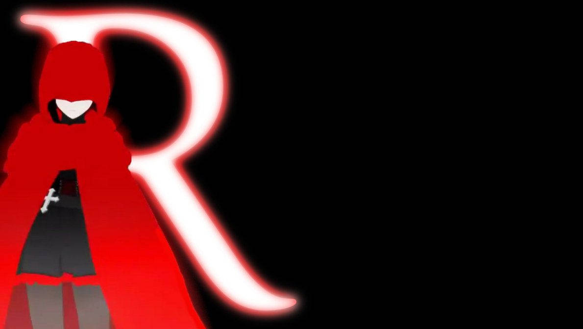 紅色連帽人物在黑色背景上發光的白色字母R旁邊。