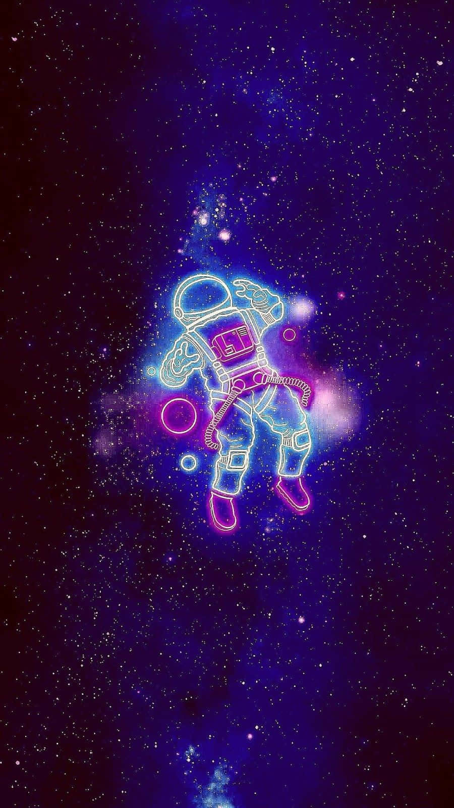 霓虹太空人在充滿星星的宇宙虛空中漂浮，帶有發光輪廓。