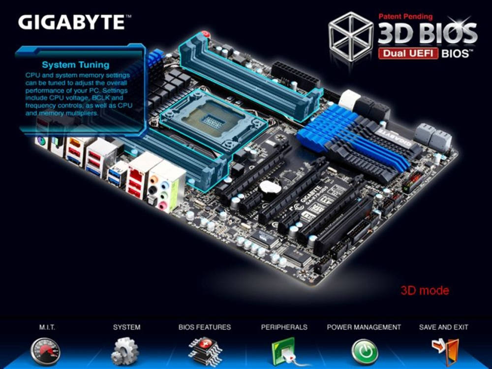 3D渲染的Gigabyte主機板，配備系統調校介面和雙UEFI BIOS功能。