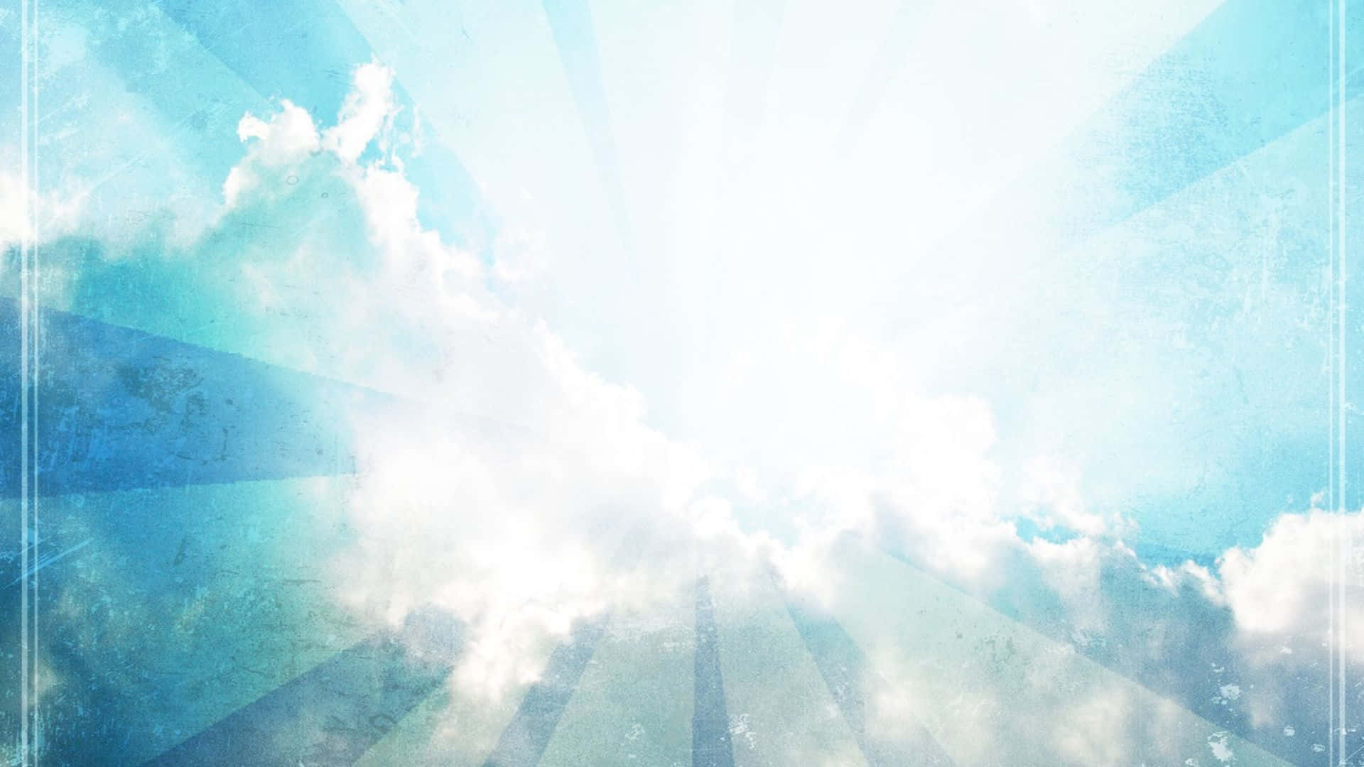 技術簡報搭配柔和藍色背景 壁紙 — 燦爛的陽光穿透柔軟的雲層，映襯著有紋理的藍天，帶有復古菲林顆粒感。