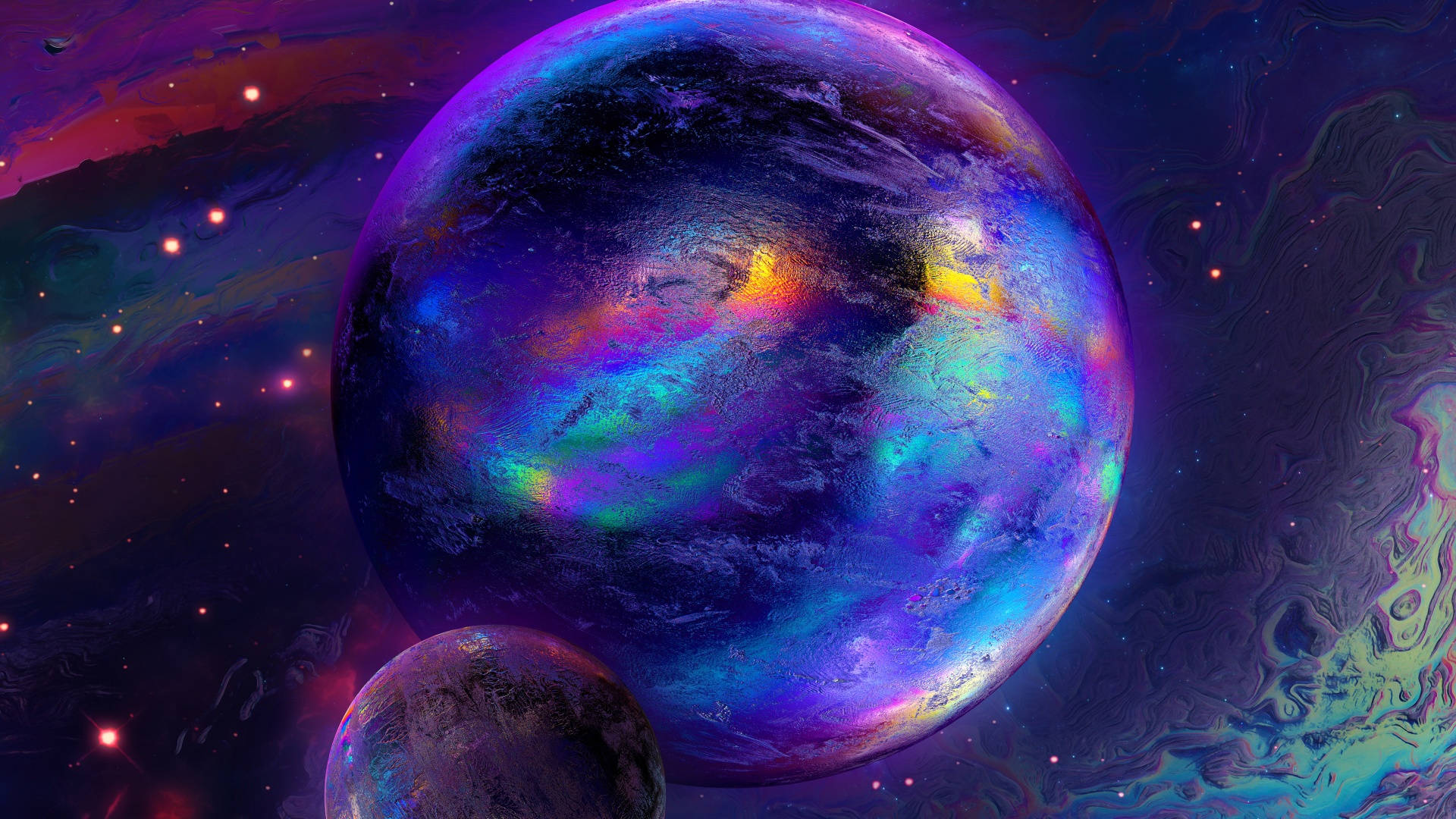 技術色彩星球美學星系 壁紙 — 一個充滿活力的宇宙場景，以發光的紫色行星、旋轉的極光和一顆較小的衛星為特色，背景是繁星點點的星雲。