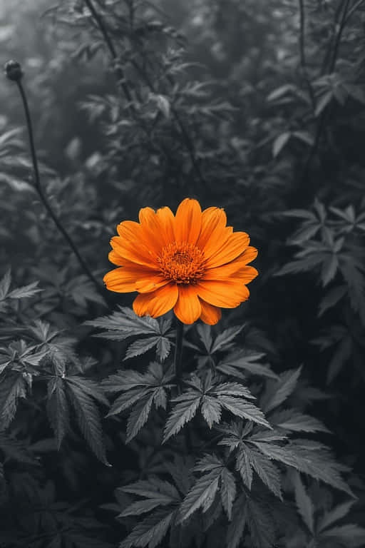 一朵明亮的橙色花朵在柔和的灰綠色葉子中脫穎而出。