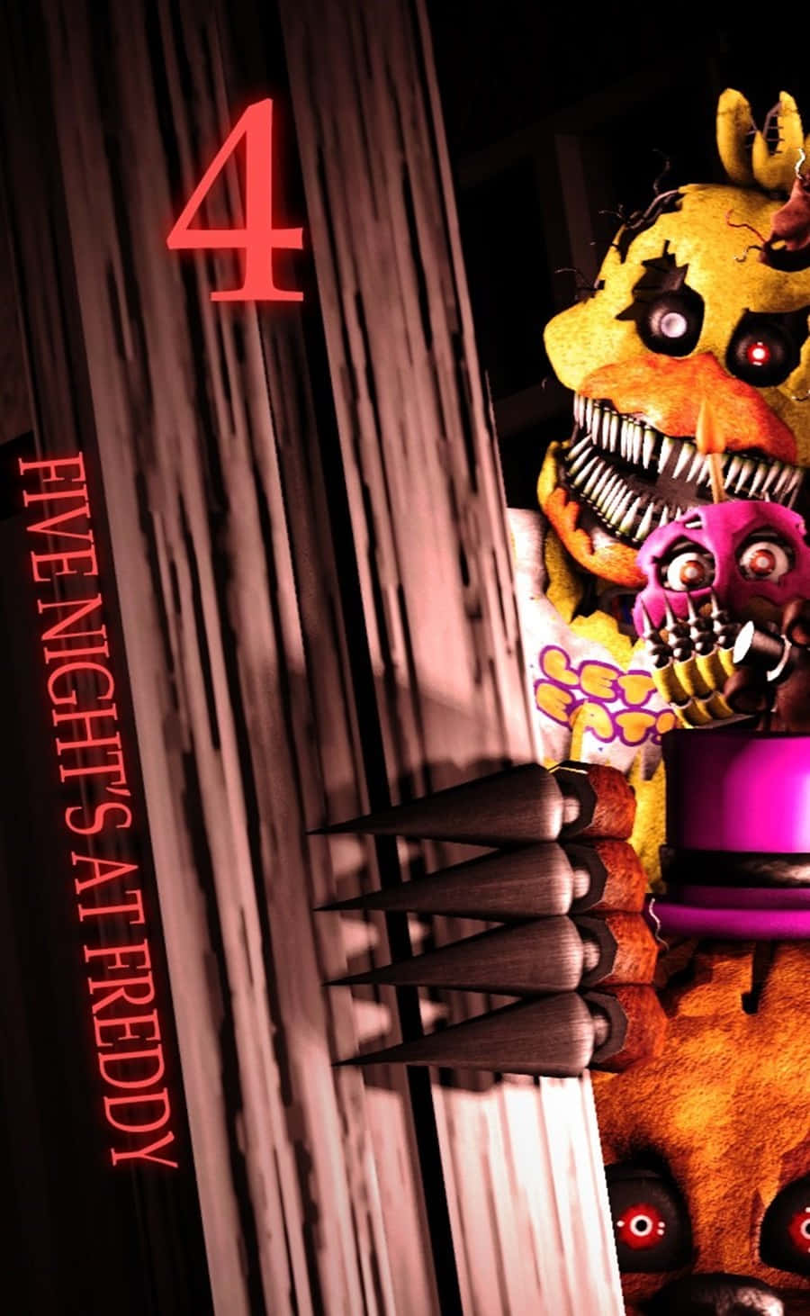 帶有鋒利牙齒和發光眼睛的Freddy Fazbear機械人偶從門後窺視。