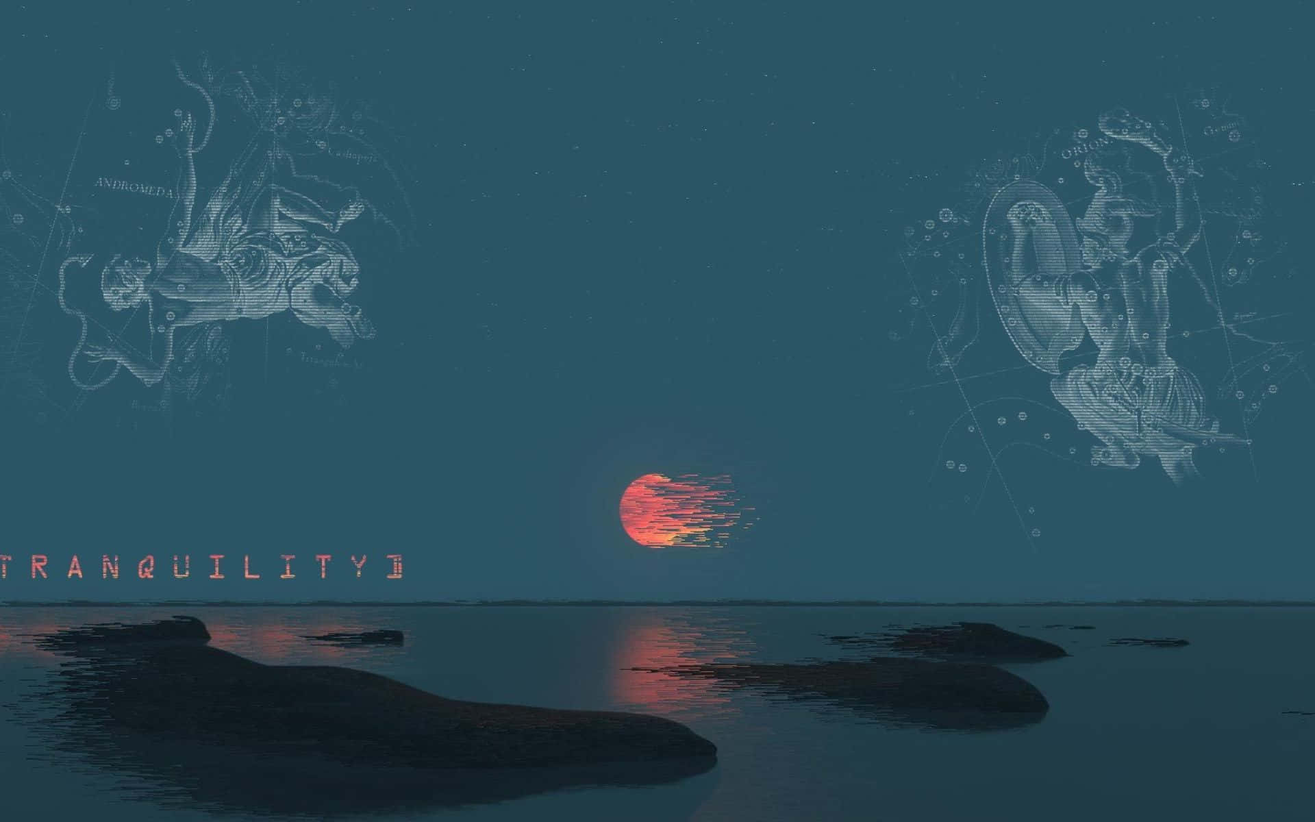水上寧靜的日落，天空中有星座輪廓。