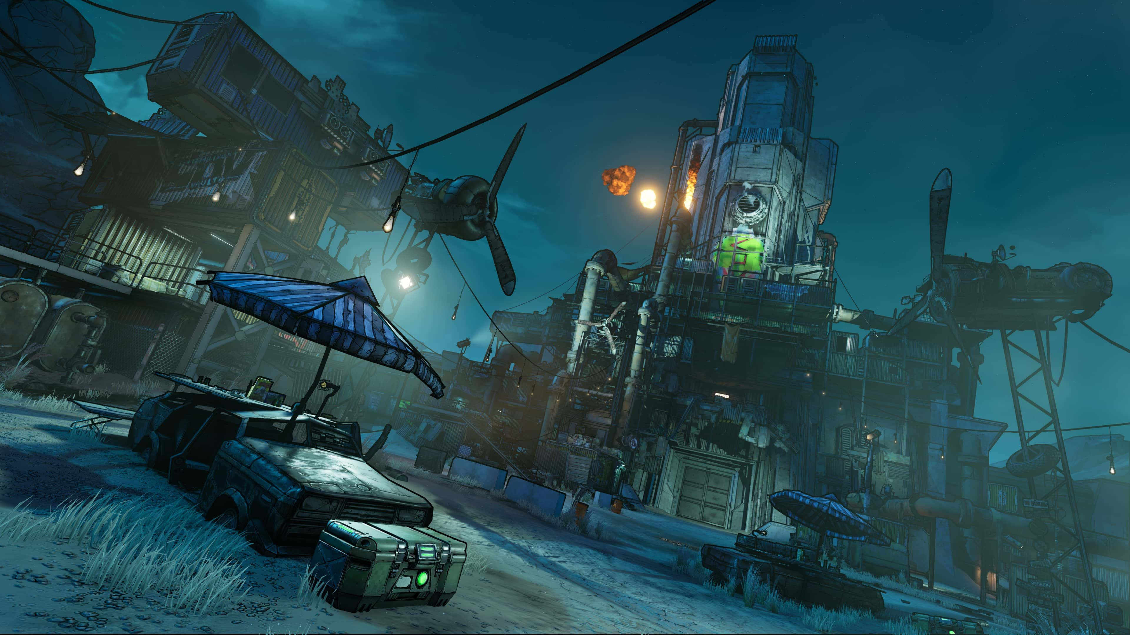 投入Borderlands 3的槍戰世界 壁紙 — 夜晚，在深藍綠色天空下，一個被霓虹燈照亮、積雪覆蓋的反烏托邦城市景觀，有廢棄的汽車、漂浮的飛行器和高聳的工業建築。