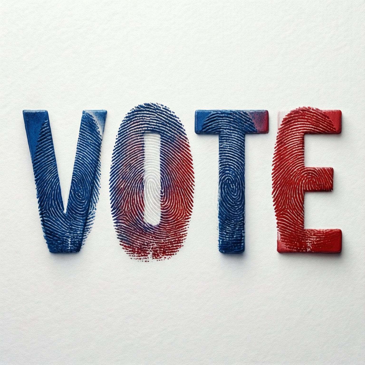 在白色紙上由紅色和藍色指紋圖案組成的 VOTE 這個詞。
