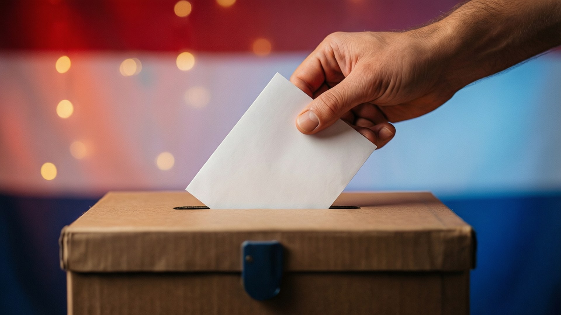 投票箱投選票 壁紙 — 一隻手將選票插入紙板投票箱，背景是模糊的紅、白、藍色調和溫暖的散景燈光。