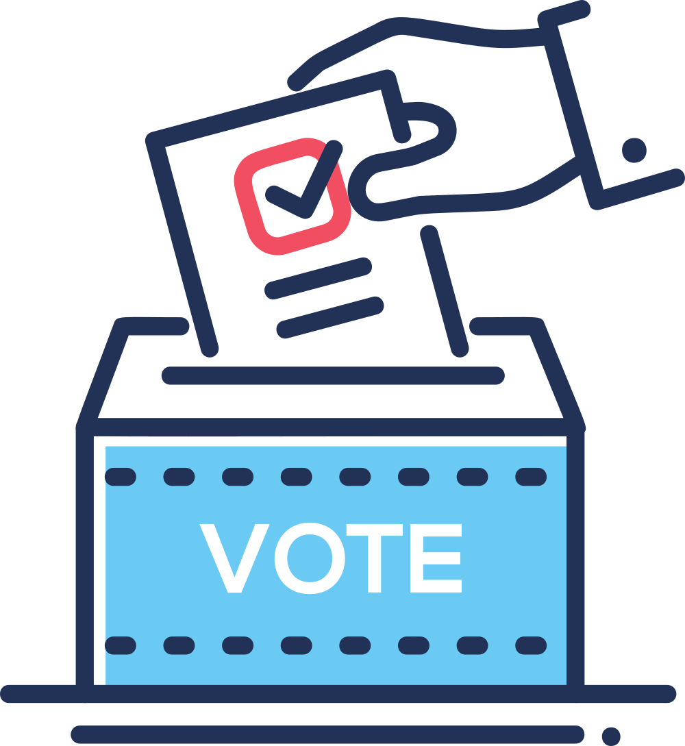 投票箱插畫 壁紙 — 一隻手將帶有紅色剔號的選票放入標有VOTE的藍色投票箱中。