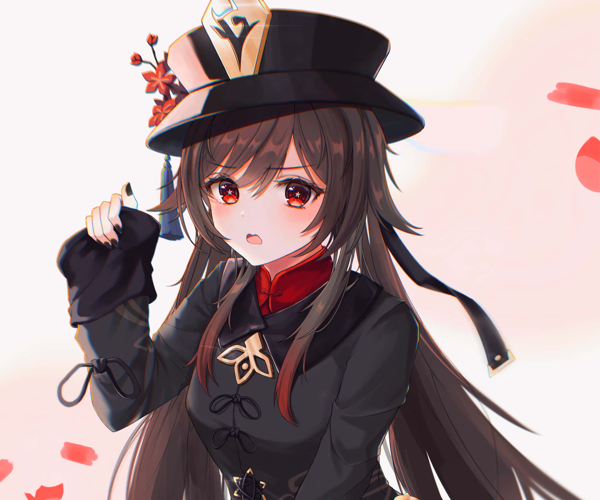 動漫女孩戴黑色帽著黑色衫，紅眼睛同花朵