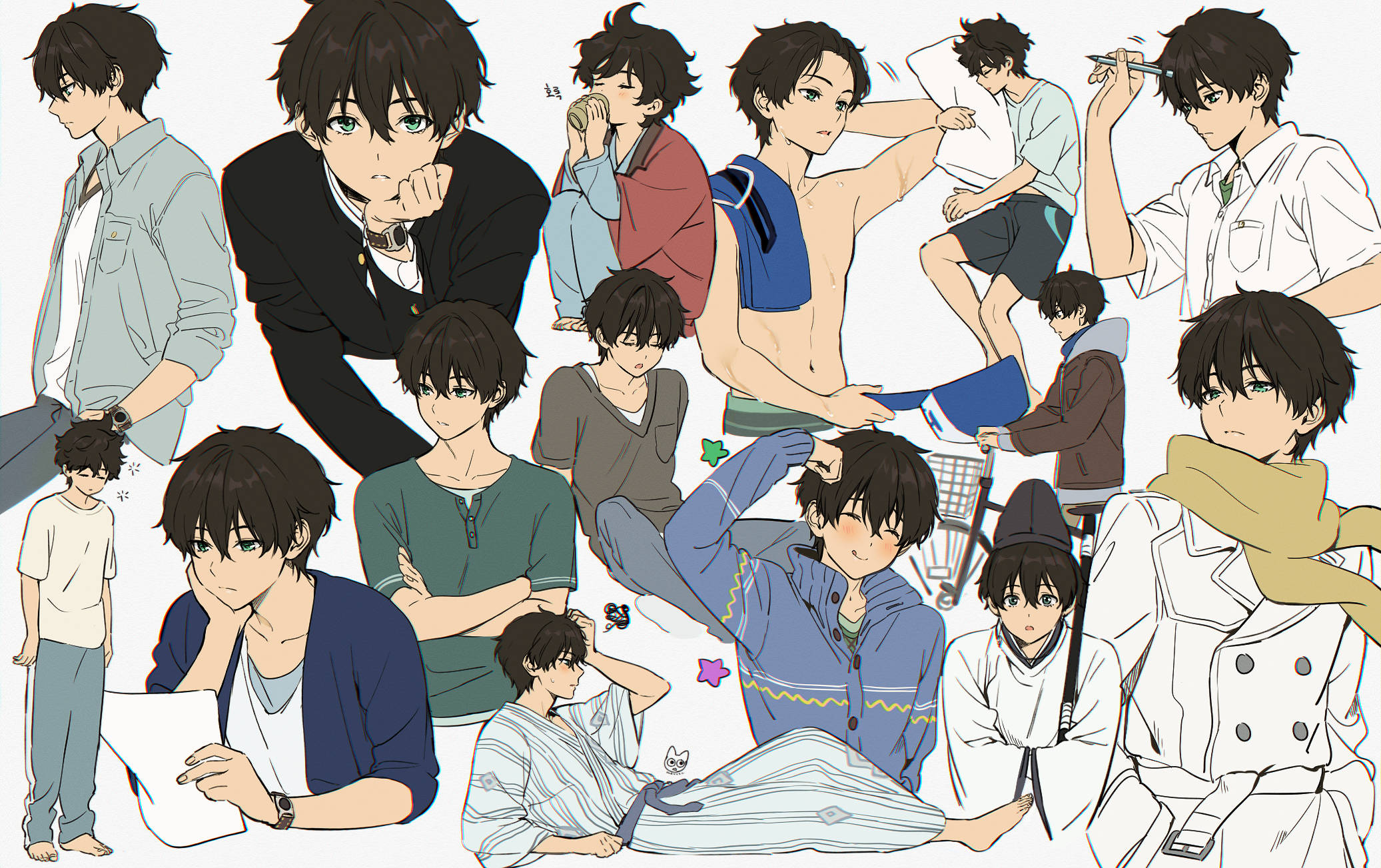 折原臨也帥氣拼貼畫 壁紙 — 一個充滿活力的動漫拼貼畫，描繪一位年輕男子以各種姿勢和服裝出現在純白色背景上。