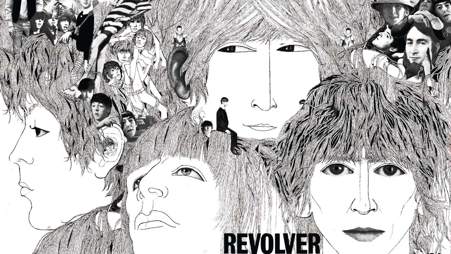 超現實的黑白插圖，描繪面孔和人物，帶有文字「REVOLVER」。